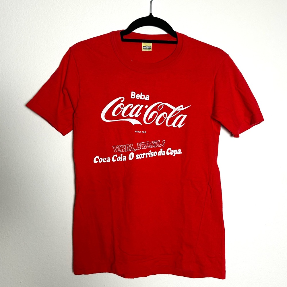 Malwee Red Cotton Vintage 1970s Brazilian Coca-Cola Graphic Tee Women Size 46 - Picture 5 of 8